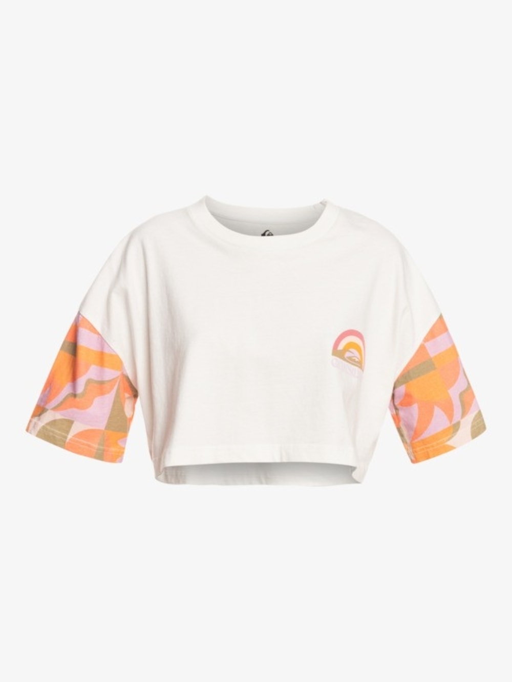 Quiksilver White Crop Top with Pink & Orange Graphic Sleeves